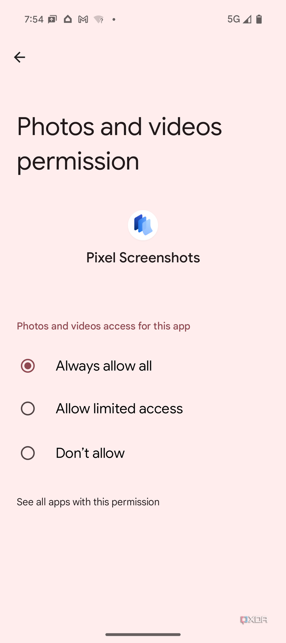 Denying photo and video permission for Pixel Screenshots.