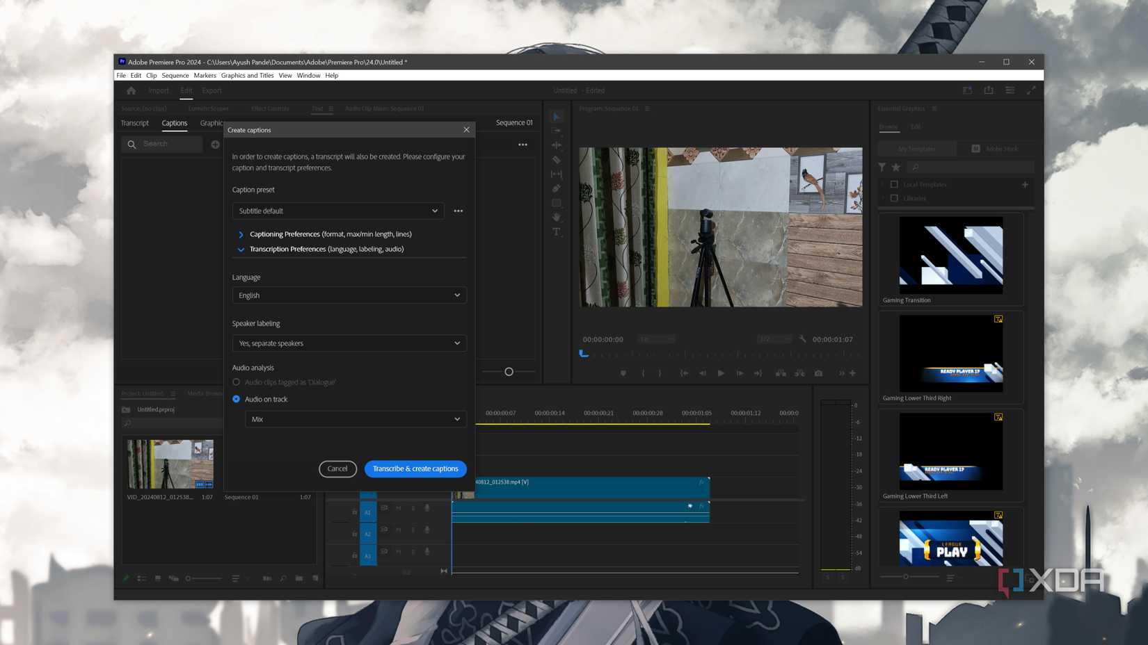Adding auto captions to Adobe Premiere Pro