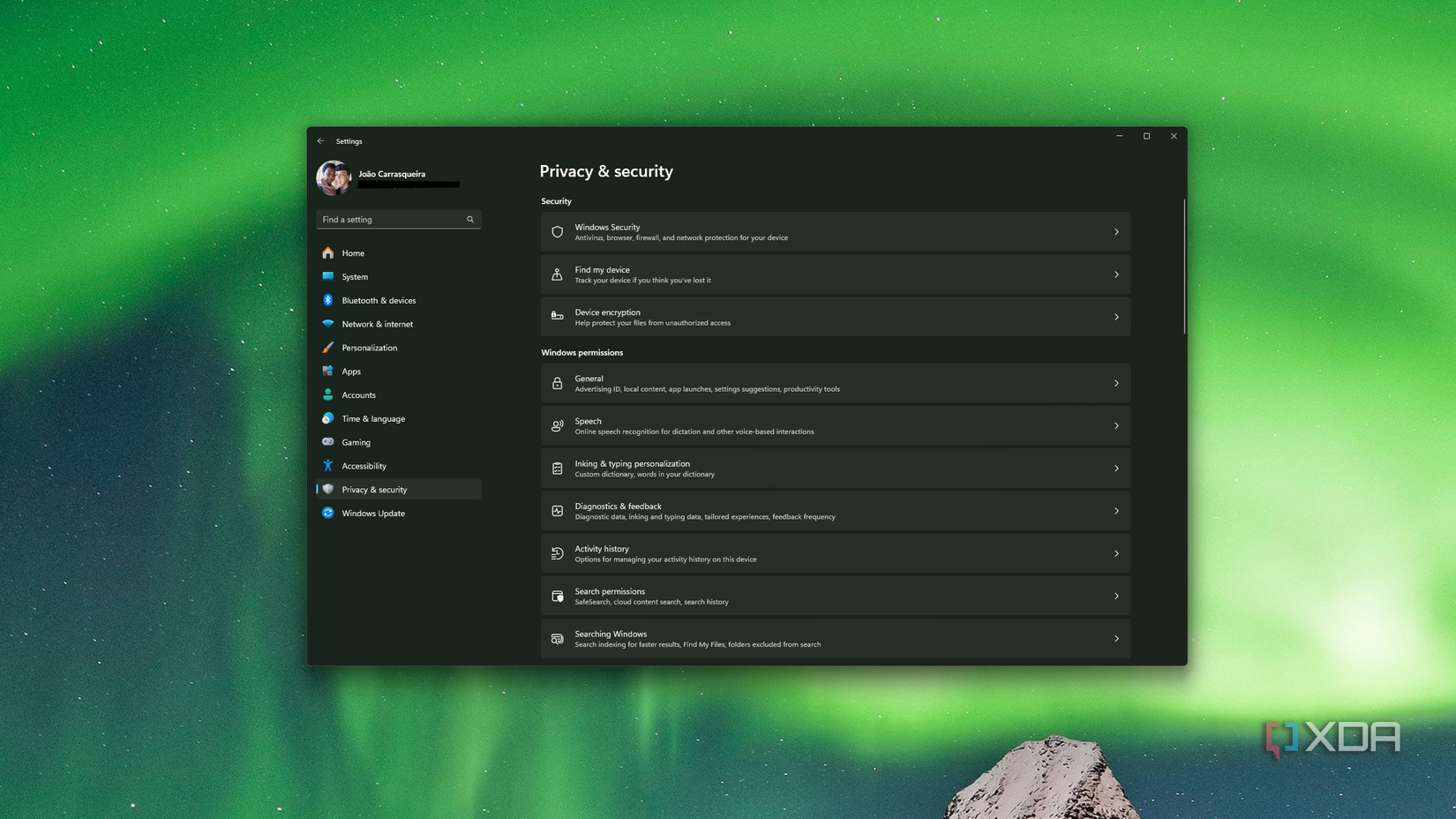 Screenshot of privacy and security settings on Windows 11