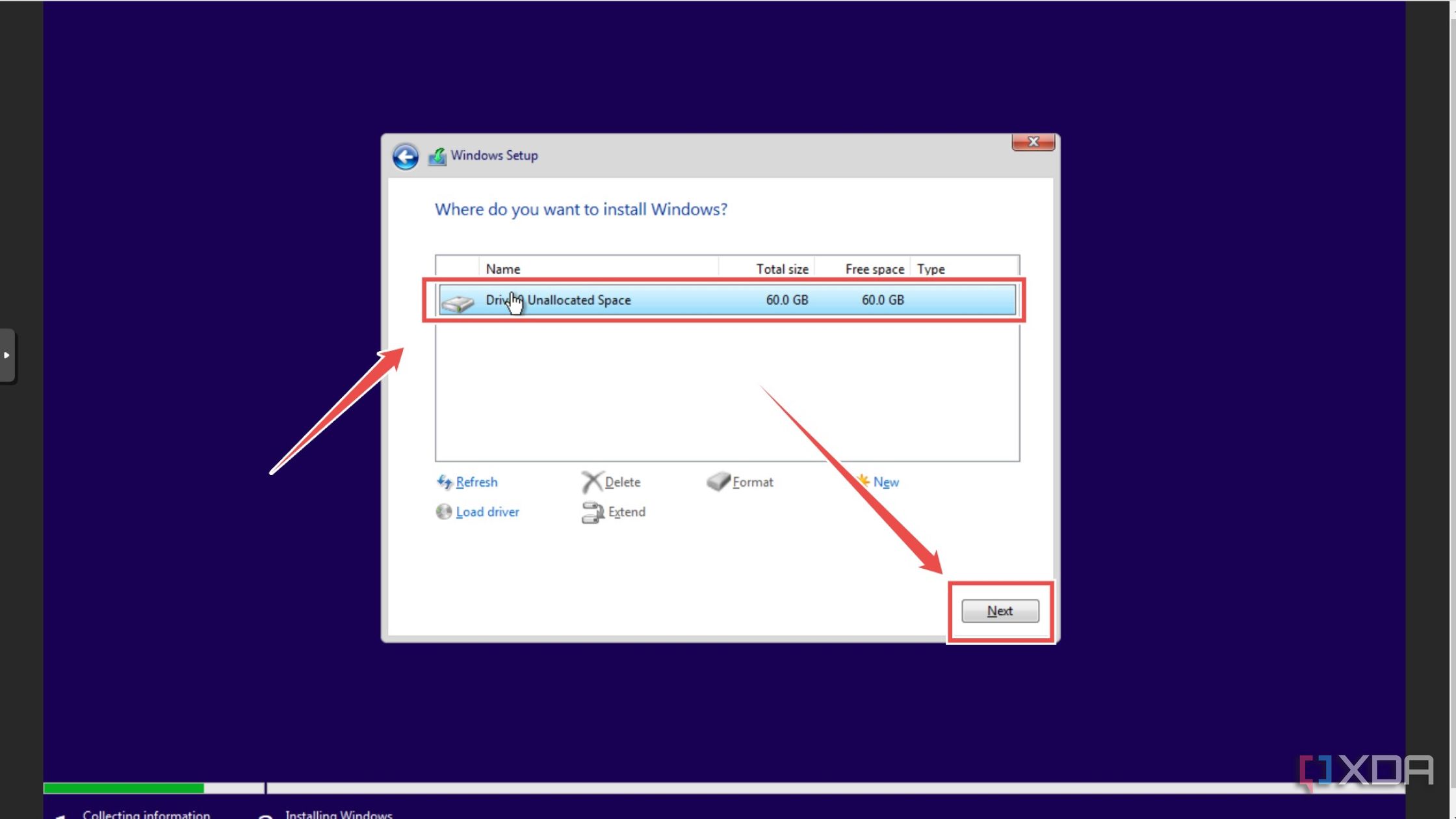 Selecting the installation drive inside a Windows 11 Proxmox VM