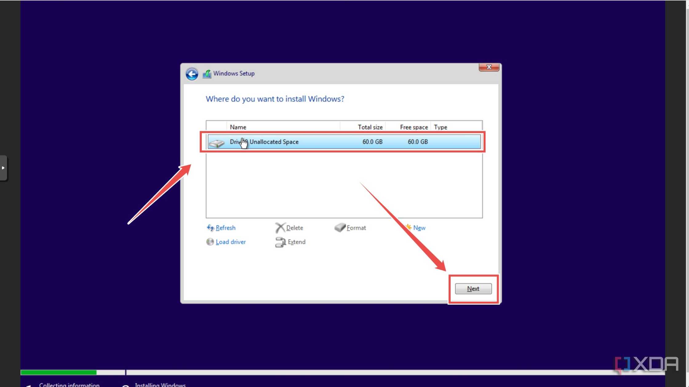 Selecting the installation drive inside a Windows 11 Proxmox VM