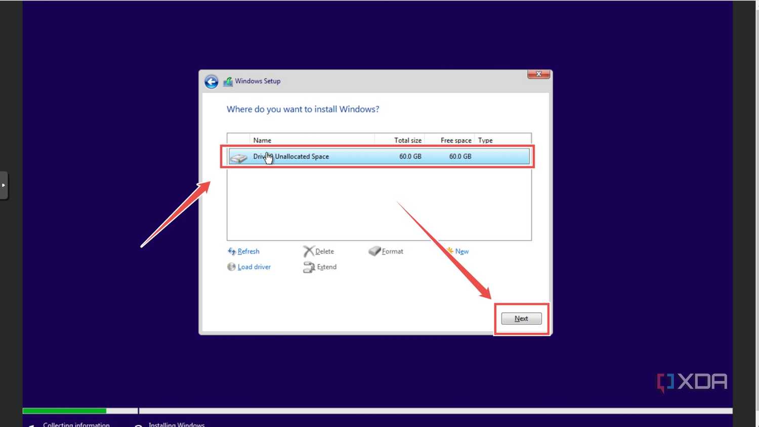 Selecting the installation drive inside a Windows 11 Proxmox VM