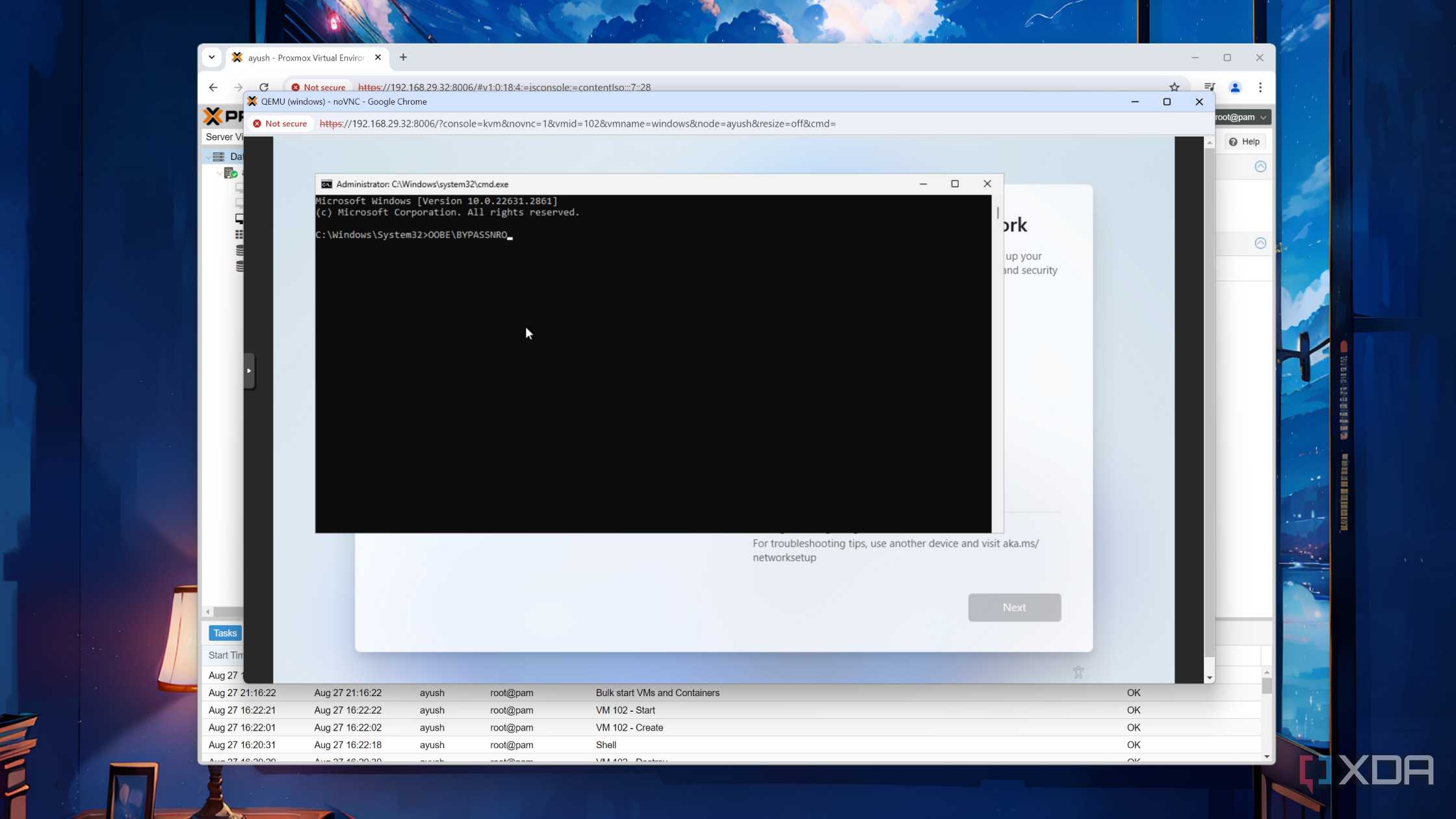 Running the OOBE\BYPASSNRO command inside a Windows 11 Proxmox VM