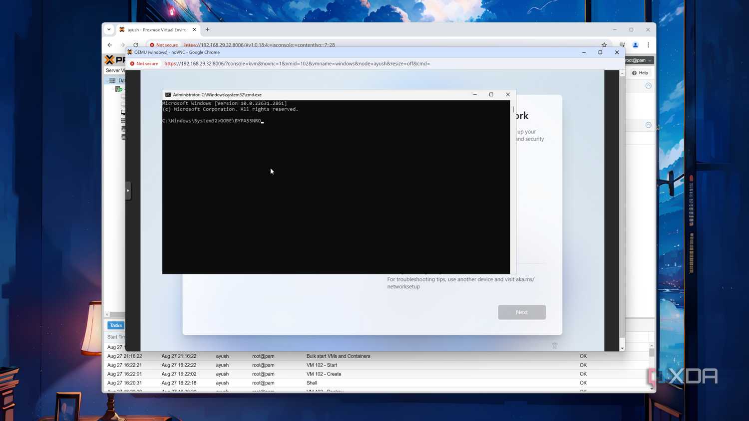 Running the OOBE\BYPASSNRO command inside a Windows 11 Proxmox VM