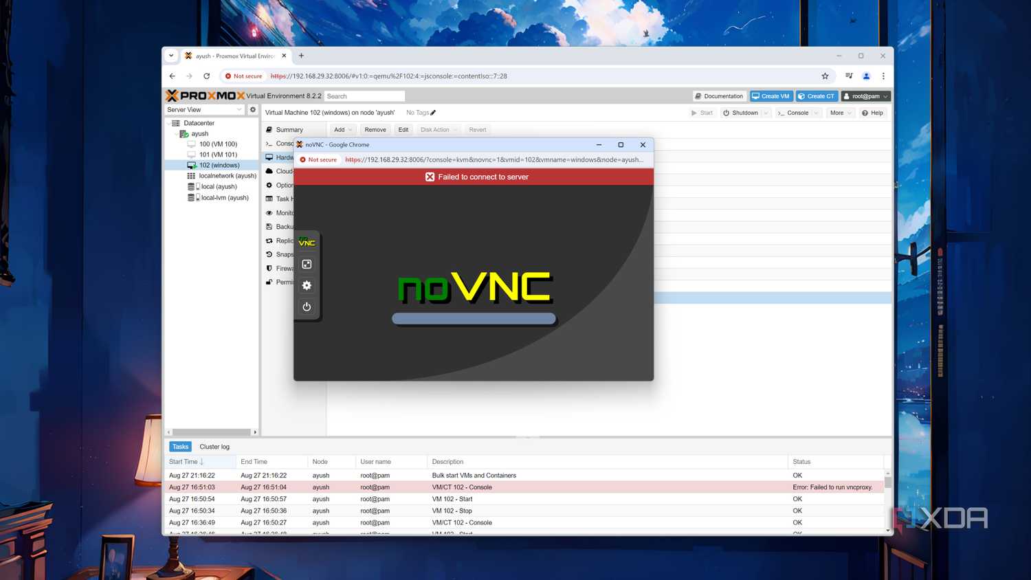 An error message in noVNC