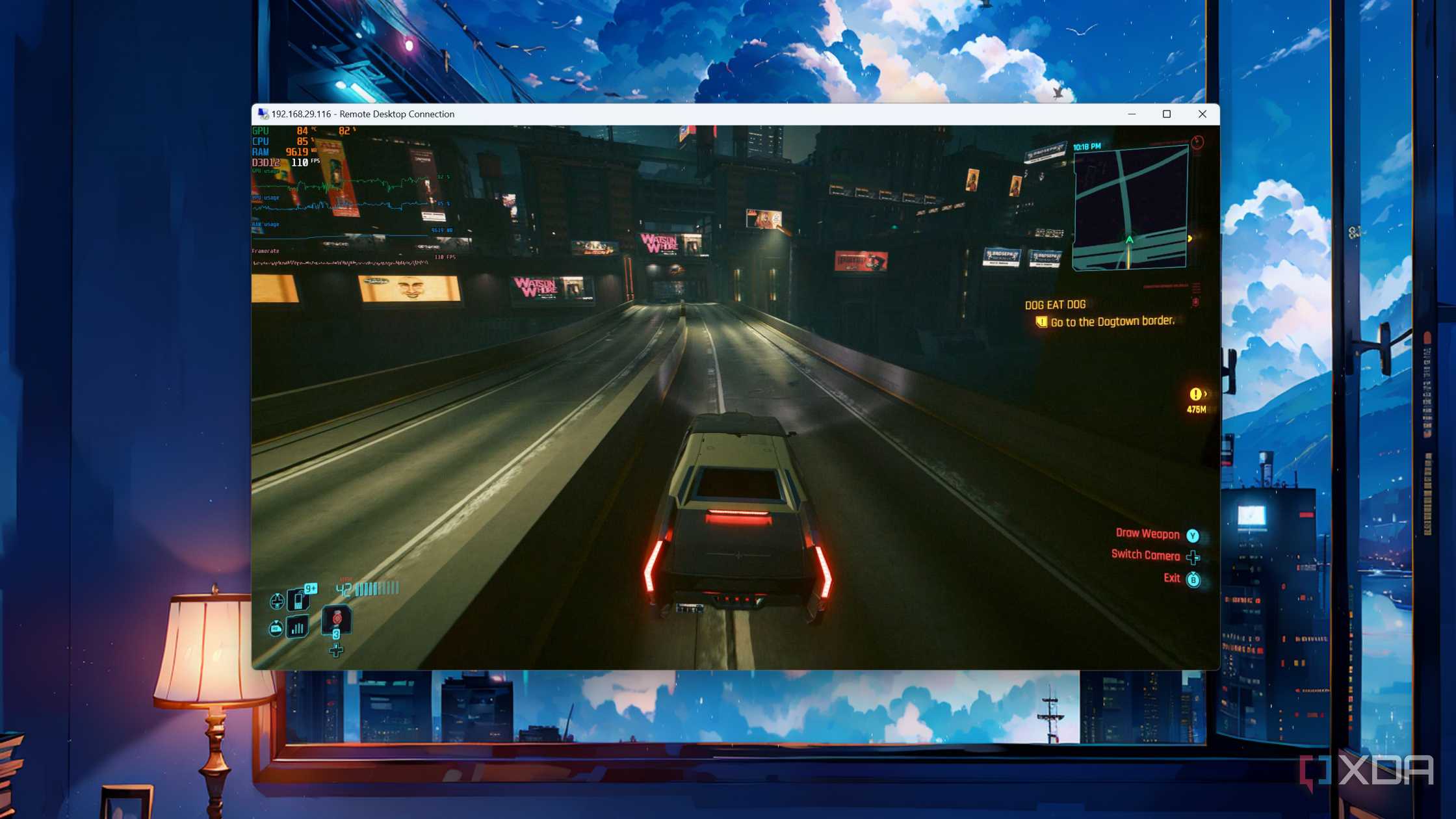 Cyberpunk 2077 running on a Windows 11 Proxmox VM via Remote Desktop