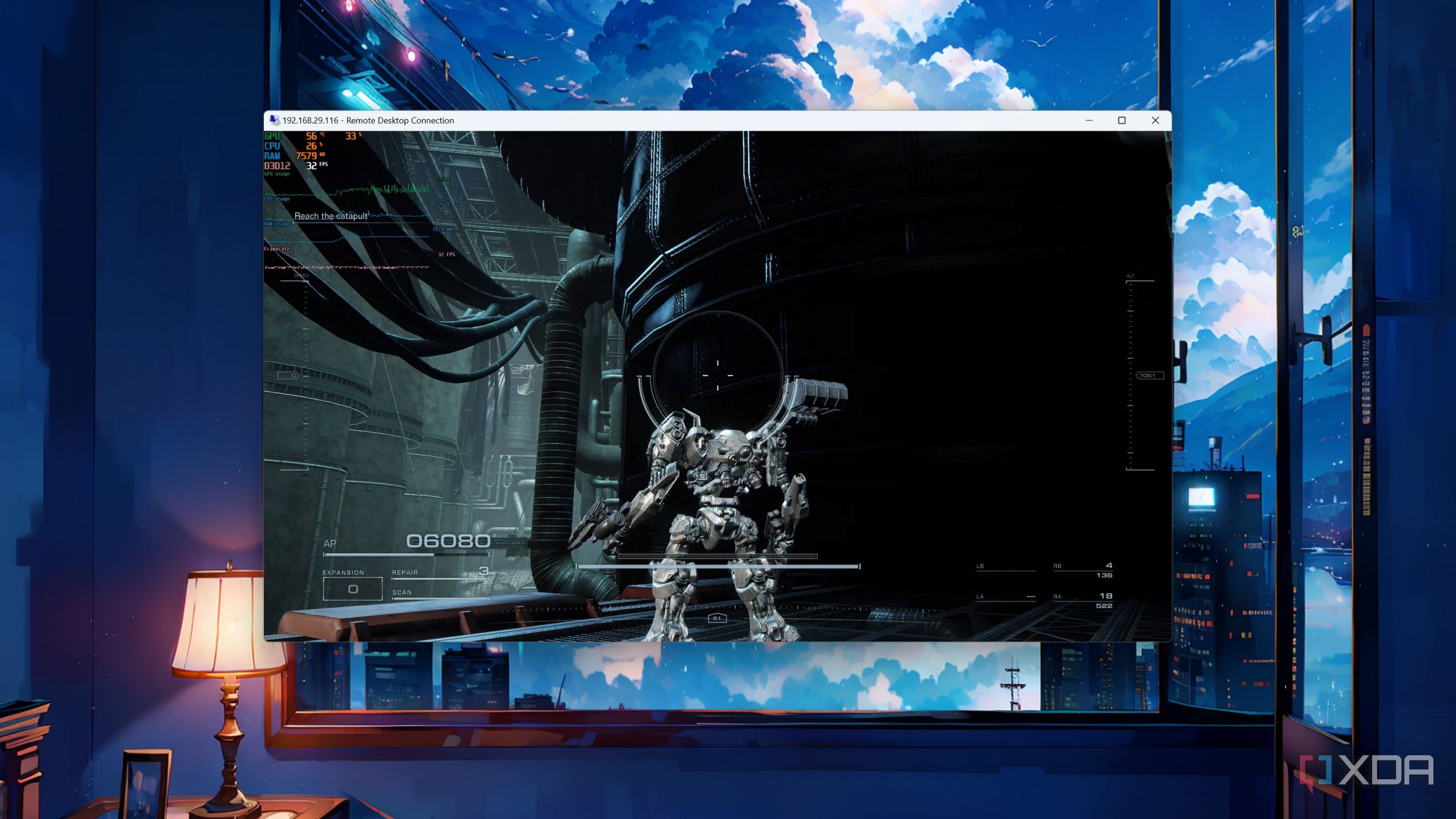 Armored Core VI running on a Windows 11 Proxmox VM via Remote Desktop
