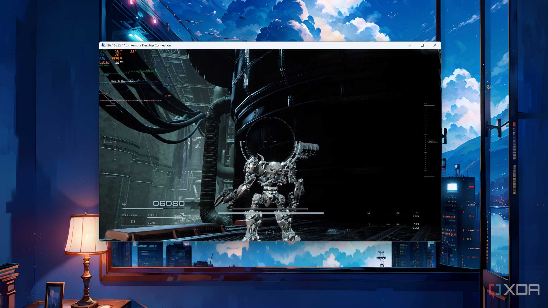 Armored Core VI running on a Windows 11 Proxmox VM via Remote Desktop