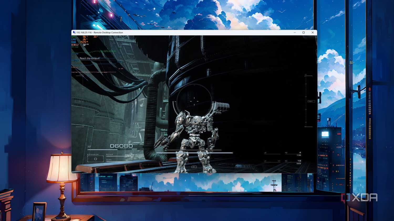 Armored Core VI running on a Windows 11 Proxmox VM via Remote Desktop