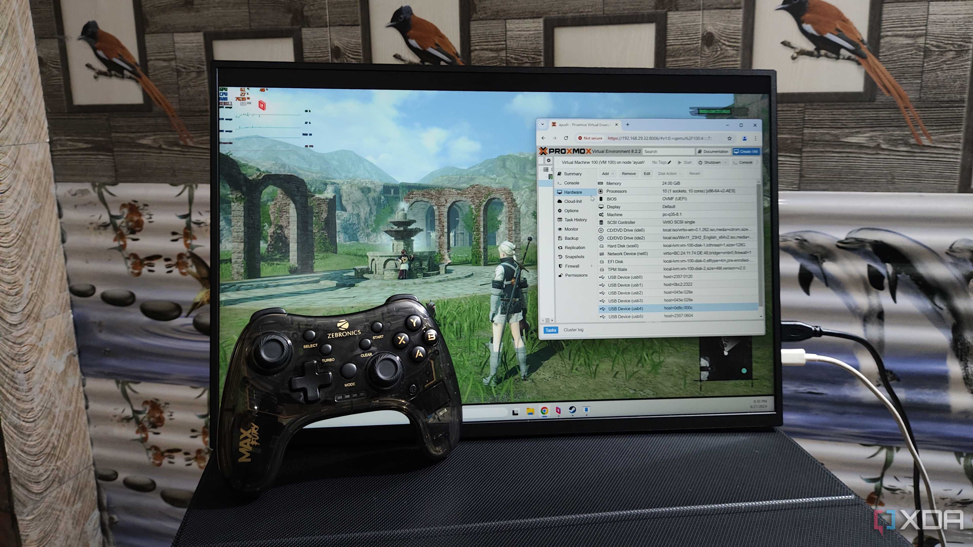 Nier Replicant running on a Windows 11 Proxmox VM, with Parsec streaming it to a client PC