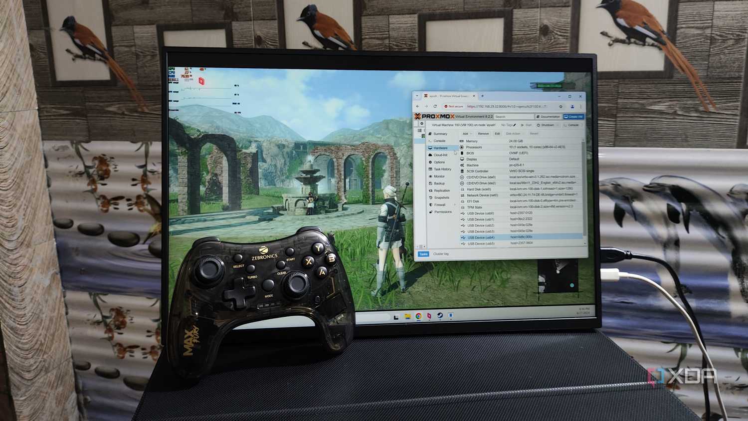 Nier Replicant running on a Windows 11 Proxmox VM, with Parsec streaming it to a client PC