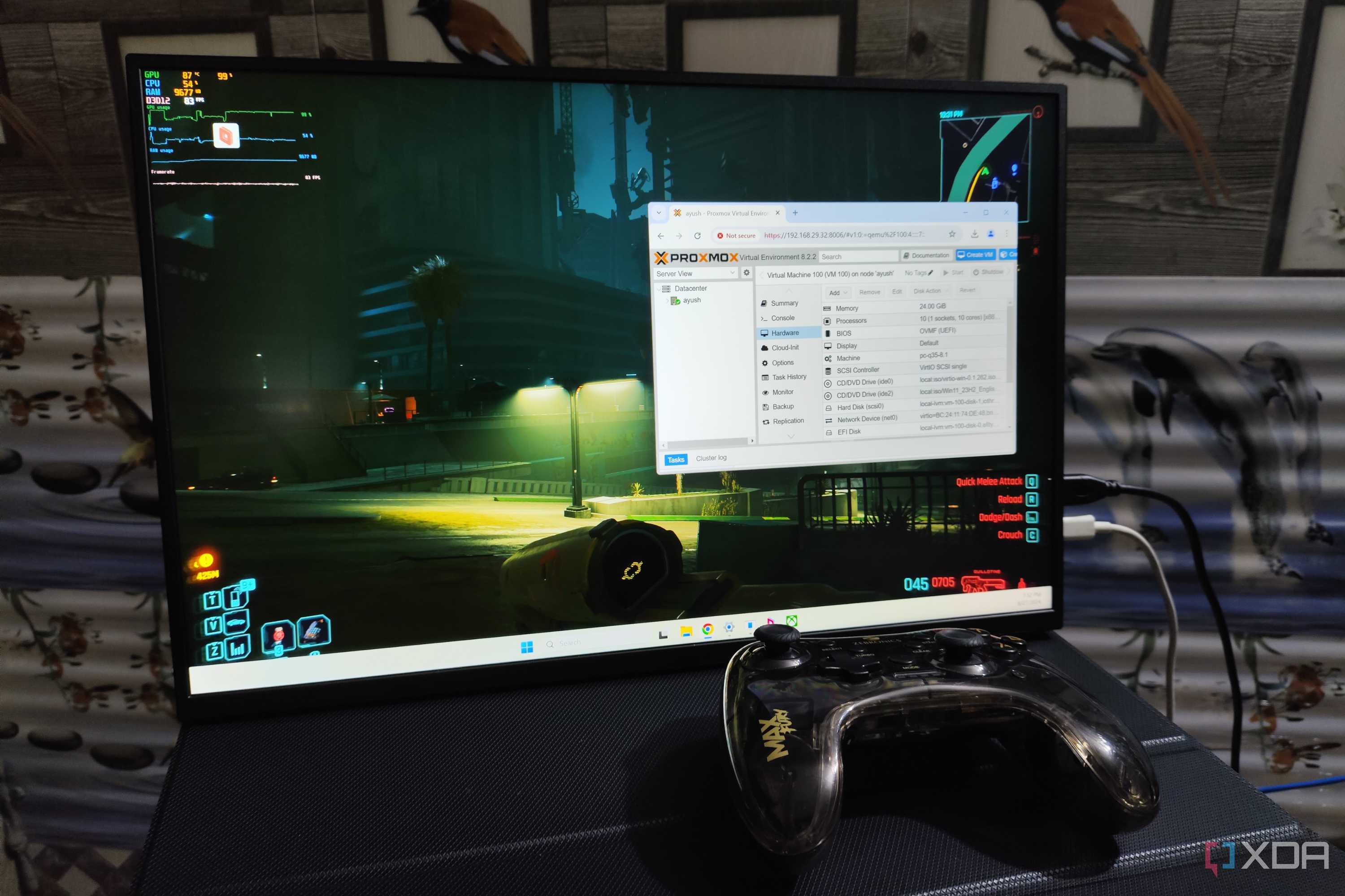 Cyberpunk 2077 running on a Windows 11 Proxmox VM, with Parsec streaming it to a client PC