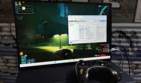 Cyberpunk 2077 running on a Windows 11 Proxmox VM, with Parsec streaming it to a client PC
