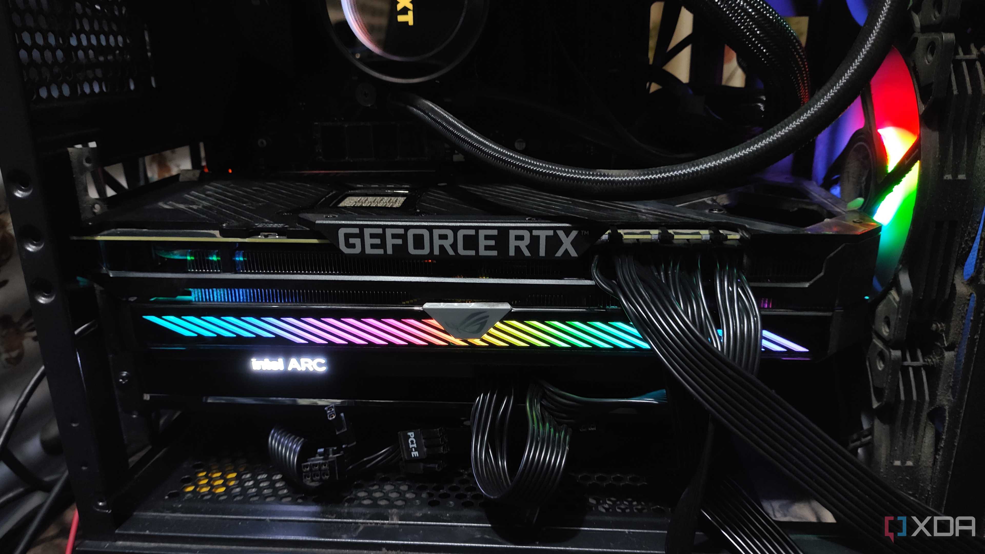 An RTX 3080 Ti and an Intel Arc A750 slotted into a PC