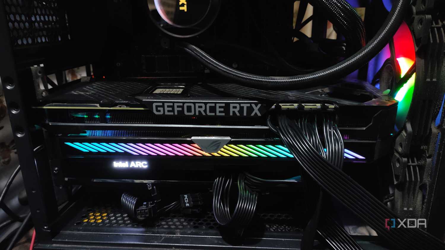 An RTX 3080 Ti and an Intel Arc A750 slotted into a PC