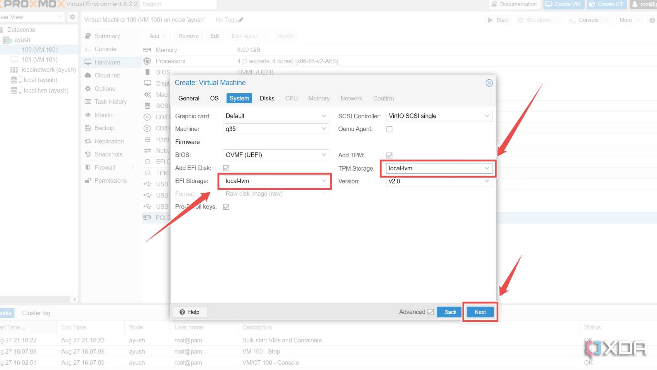 Picking the EFI and TPM storage options in the Proxmox web UI