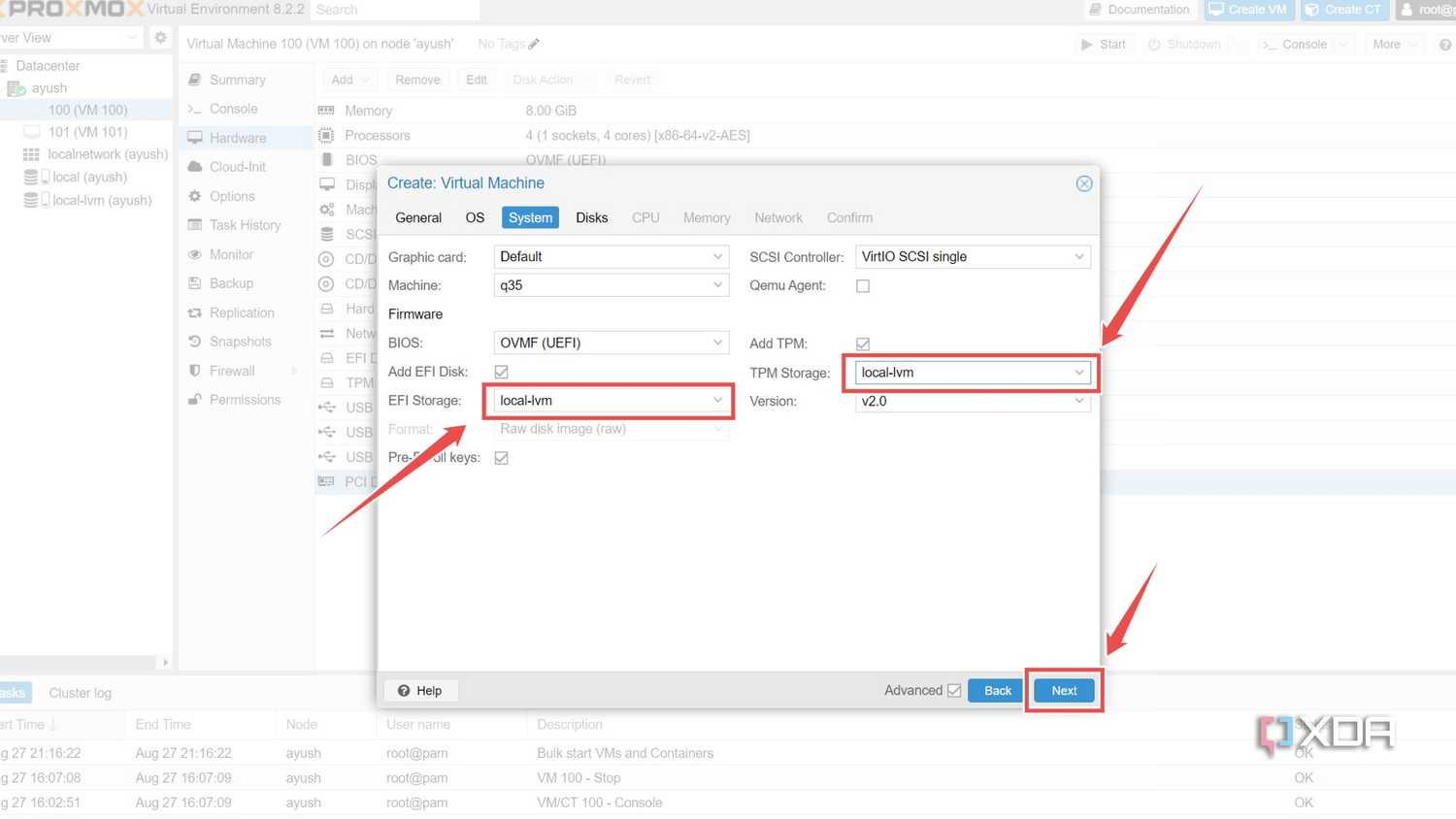 Picking the EFI and TPM storage options in the Proxmox web UI