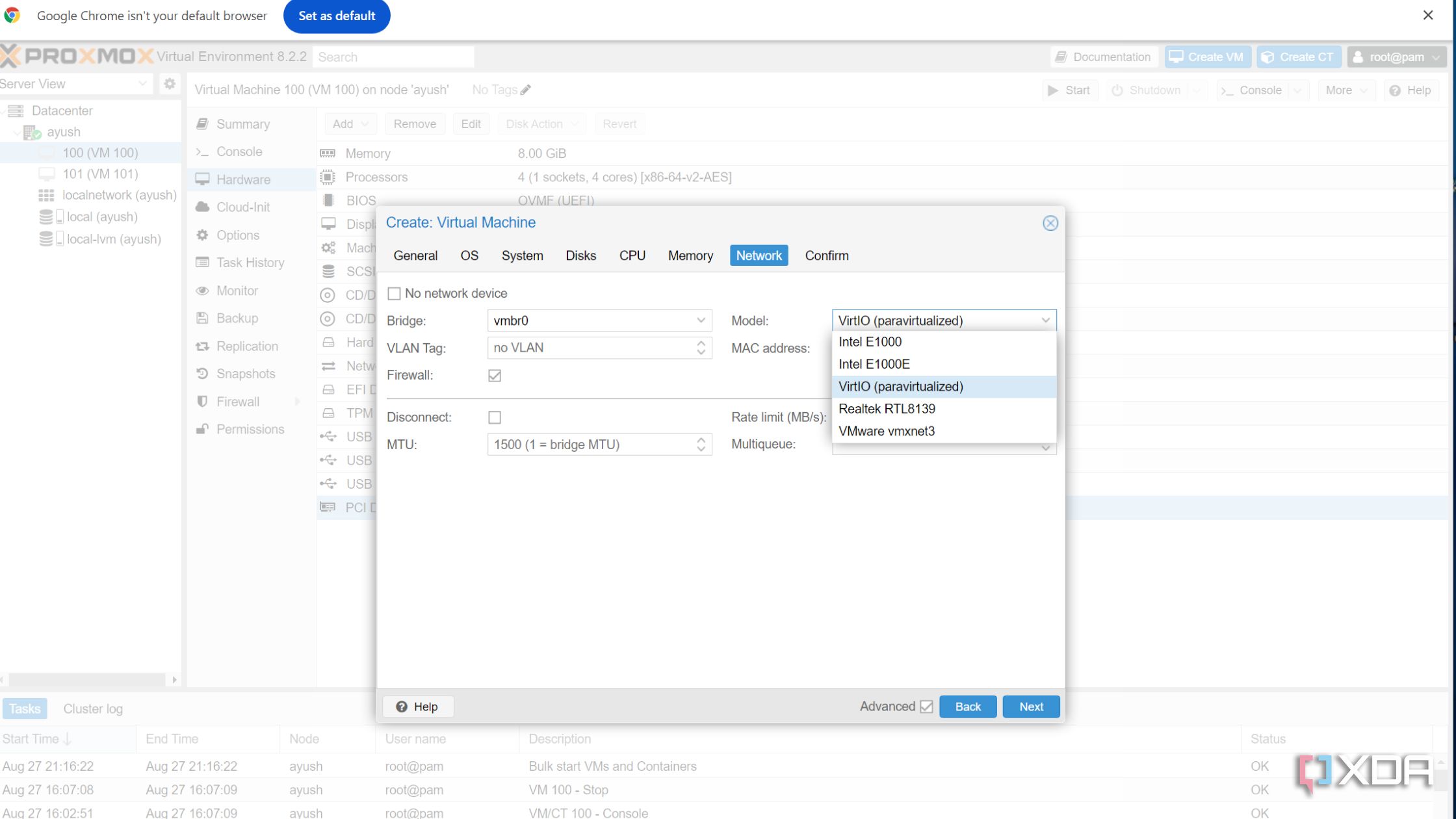 Picking the network driver model in the Proxmox web UI