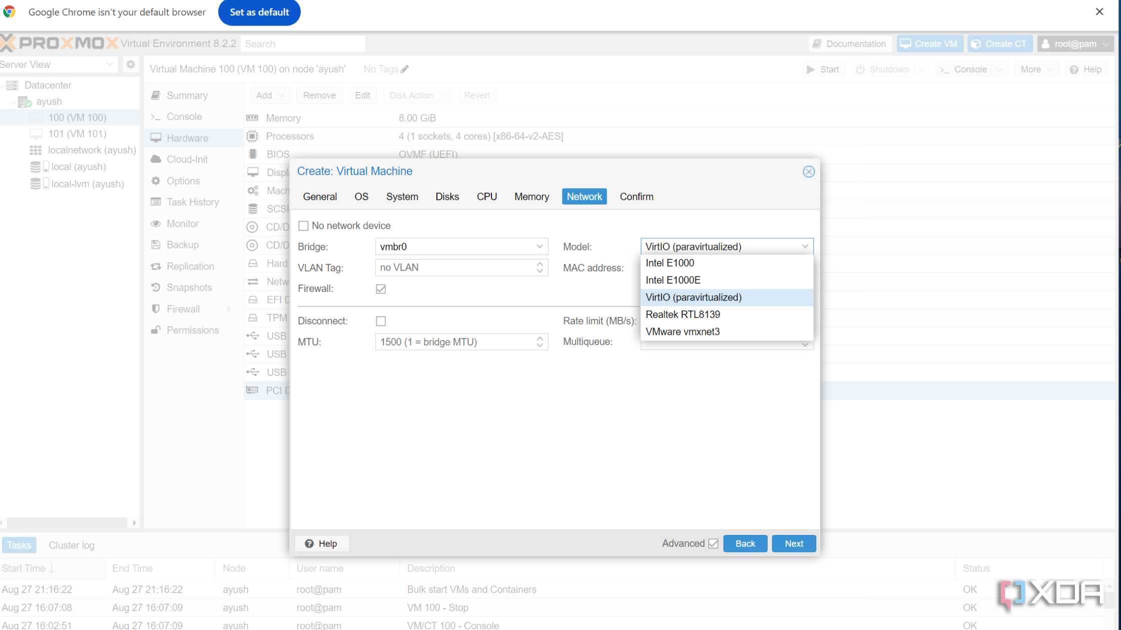 Picking the network driver model in the Proxmox web UI
