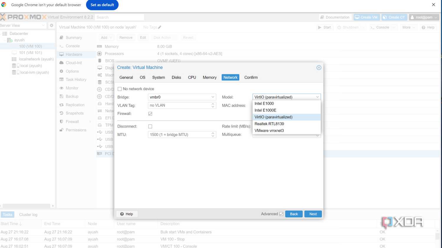 Picking the network driver model in the Proxmox web UI