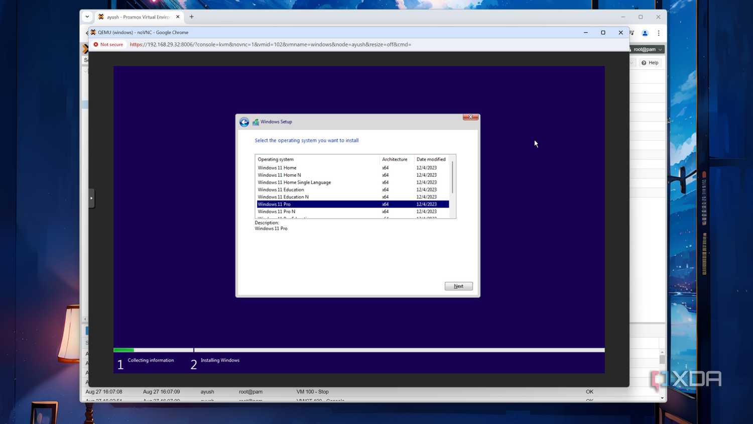 Picking Windows 11 Pro inside a Proxmox VM