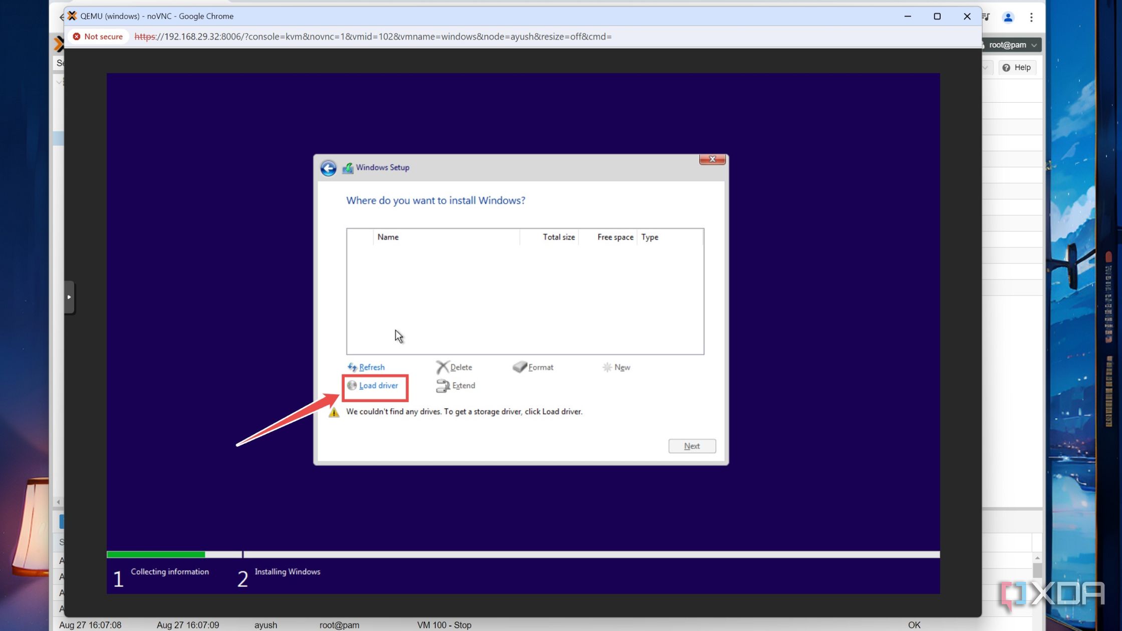 Picking the Load driver option inside a Windows 11 Proxmox VM