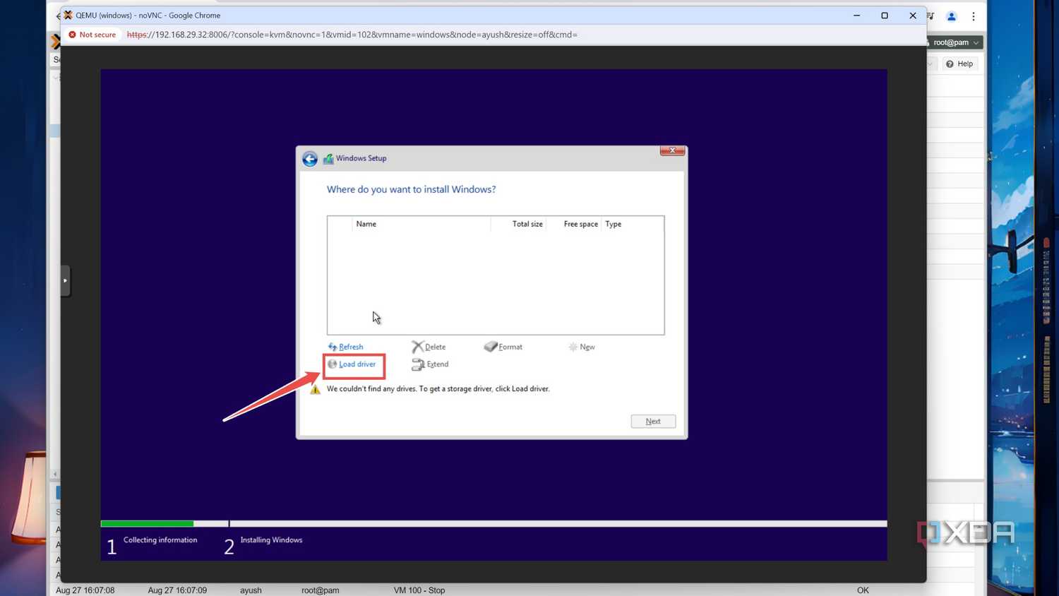 Picking the Load driver option inside a Windows 11 Proxmox VM