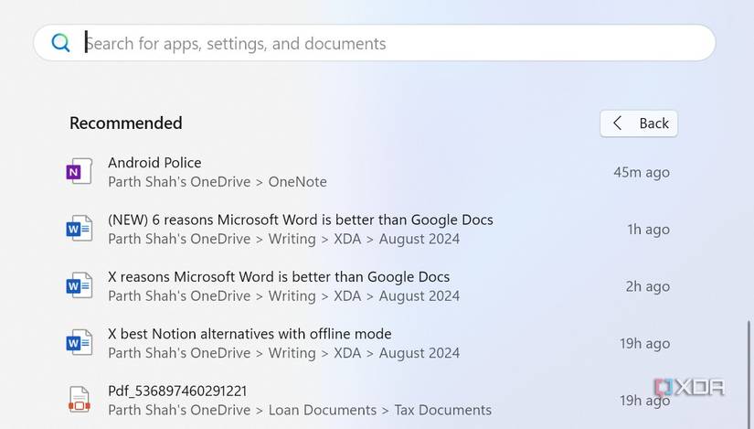 Microsoft Word integration with Windows Start menu