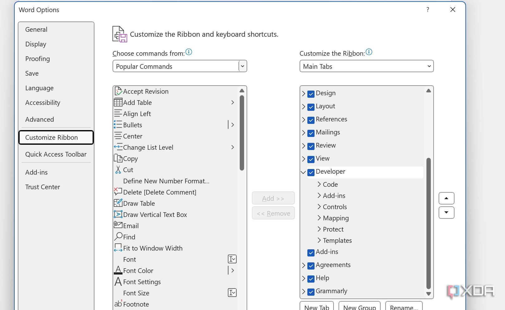 Microsoft Word ribbon customization