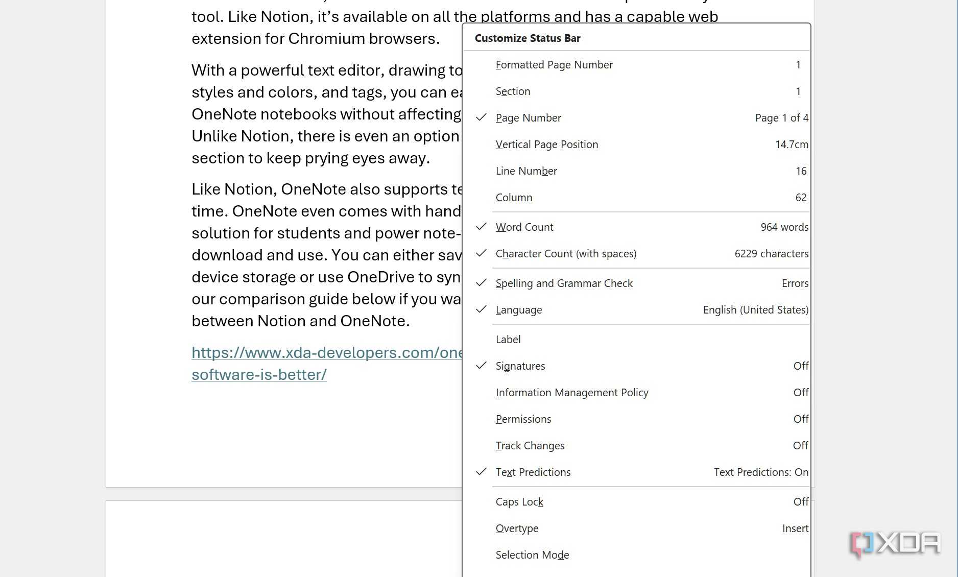 Microsoft Word status bar customization
