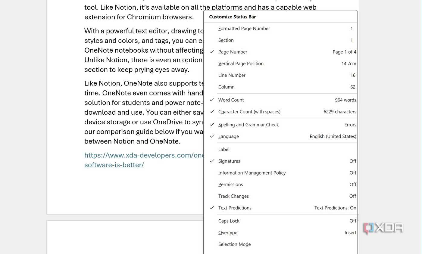 Microsoft Word status bar customization