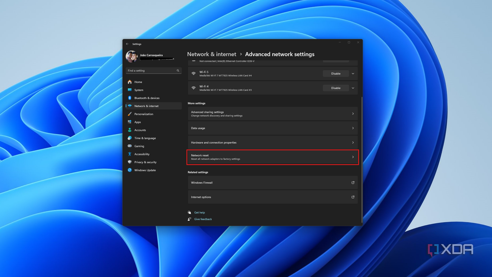 Screenshot of advanced network settings with the Network reset option highlighted