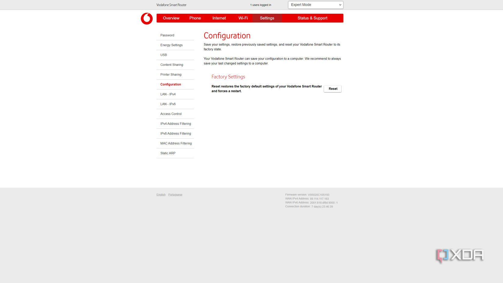 Screenshot of Vodafone Smart Router settings showing the reset page