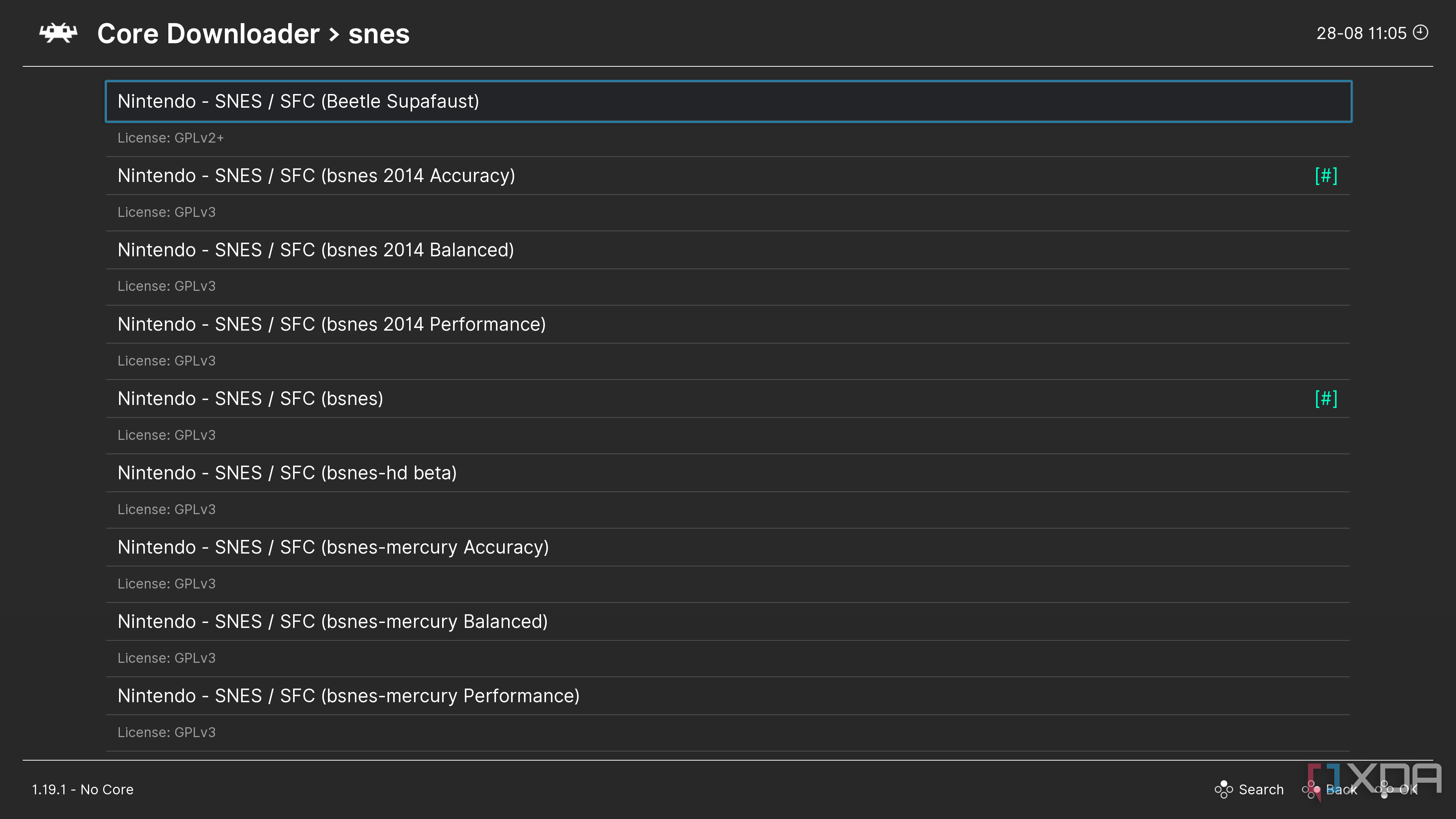 Screenshot of the core downloader UI in RetroArch showing results for SNES