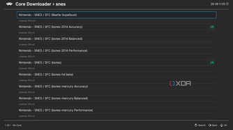 Screenshot of the core downloader UI in RetroArch showing results for SNES