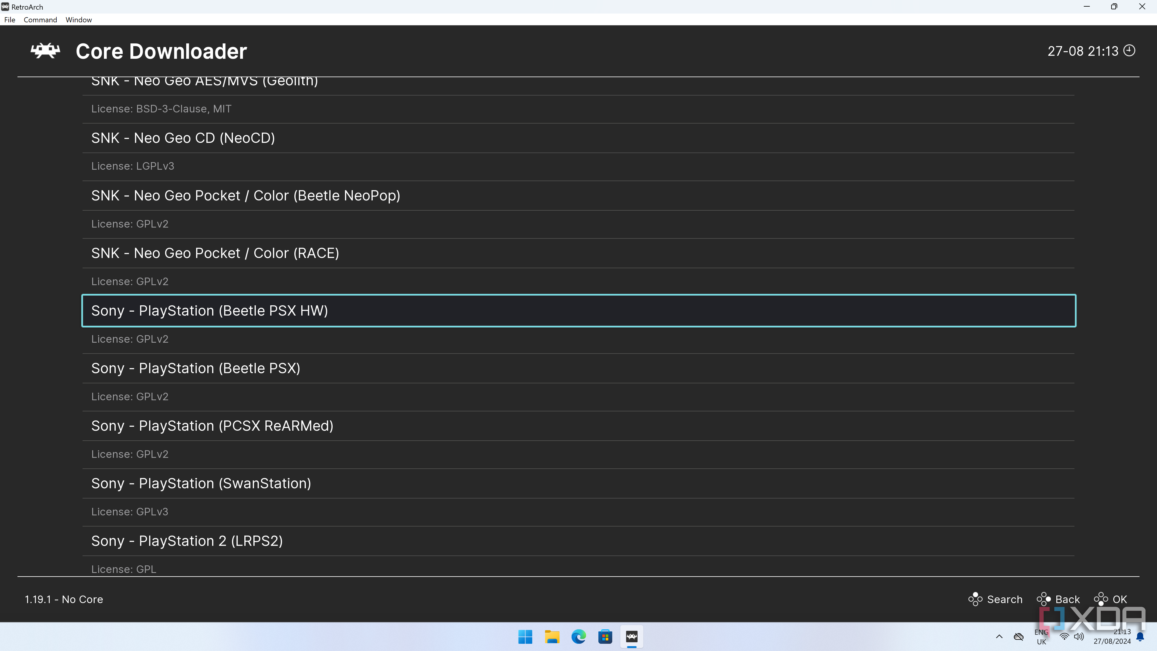 Screenshot of the core downloader UI in RetroArch