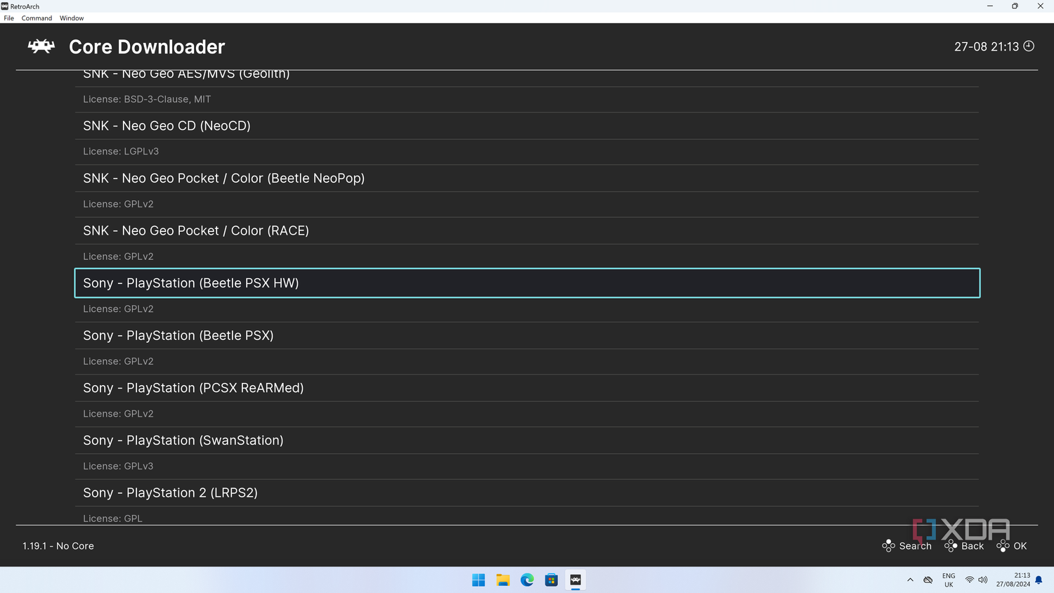 Screenshot of the core downloader UI in RetroArch