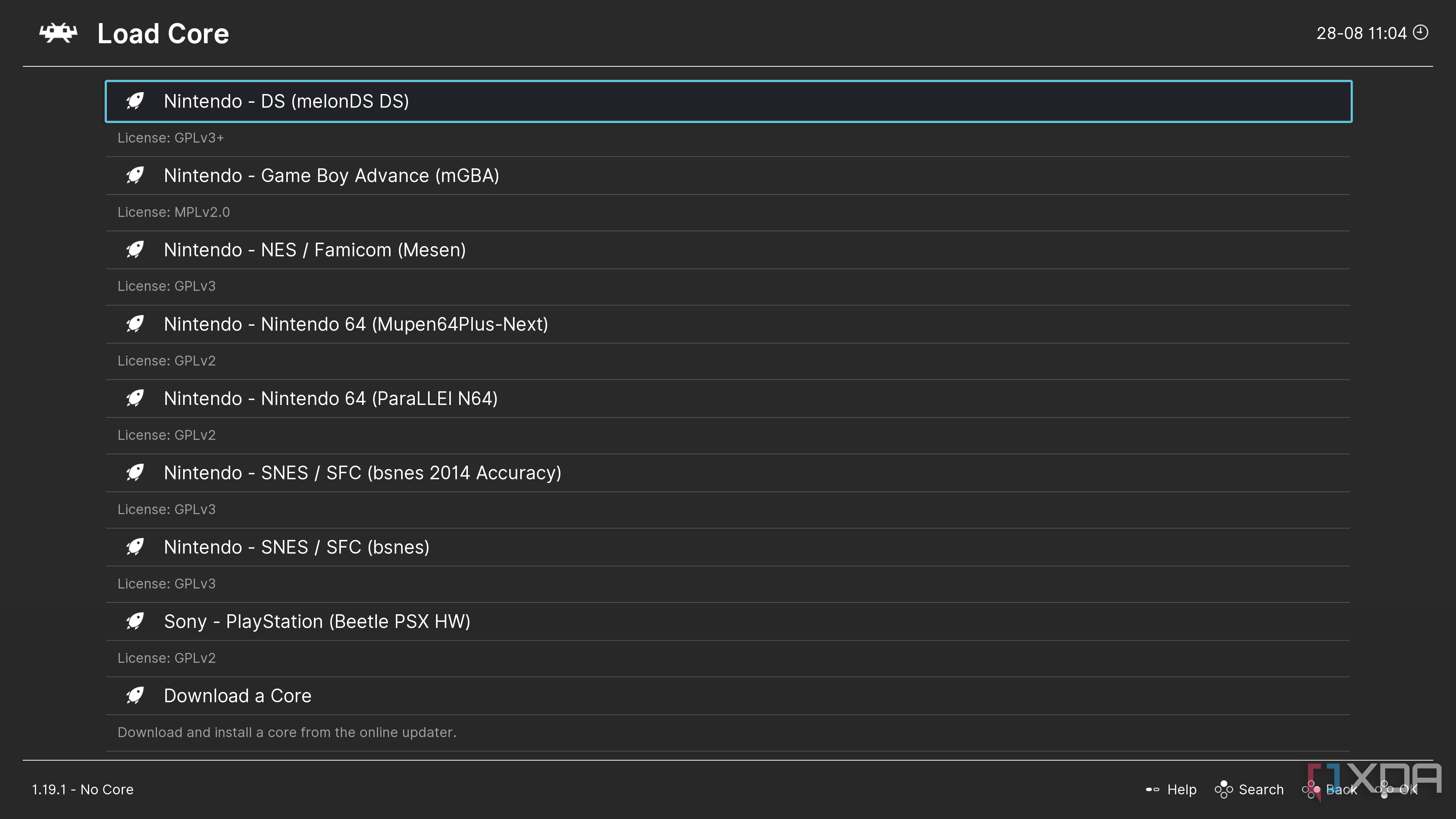Screenshot of isntalled cores in RetroArch
