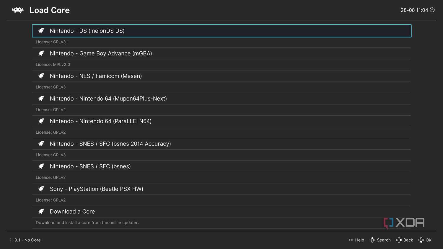 Screenshot of isntalled cores in RetroArch