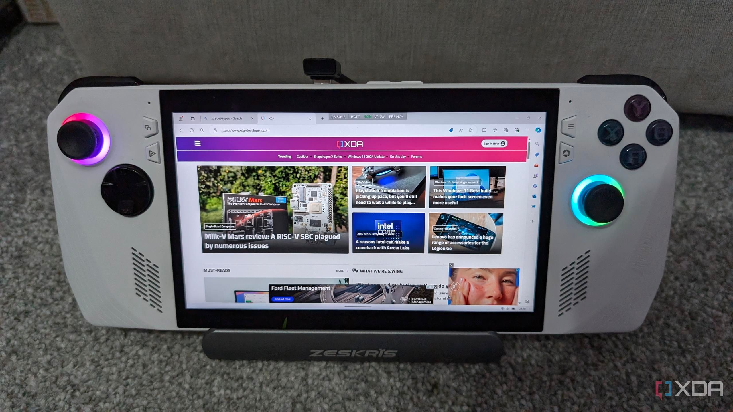 image of the rog ally showing the xda website