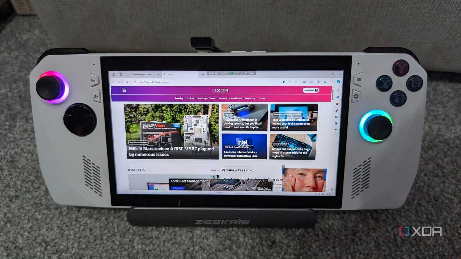 image of the rog ally showing the xda website