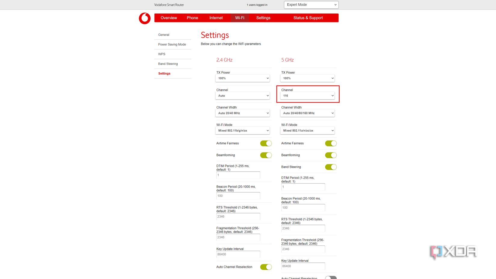 Screenshot of Wi-Fi settings for a Vodafone router showing a band selected for the 5GHz channel