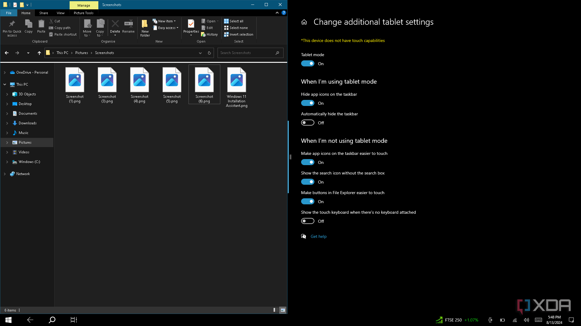 Screenshot of Windows 10 in tablet mode with two apps side by side