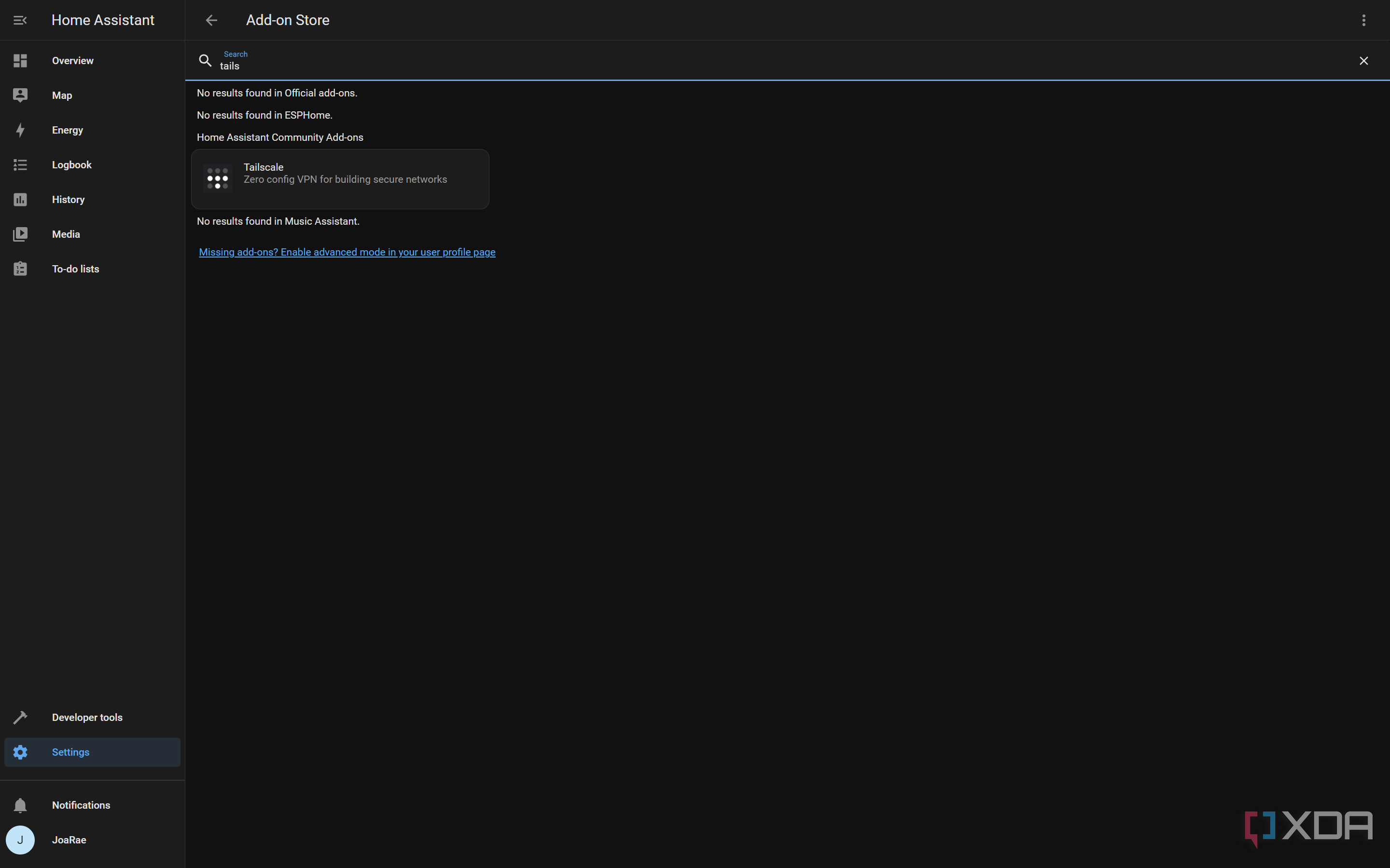 Screenshot of search results for Tailscale in the Home Assistant add-on store