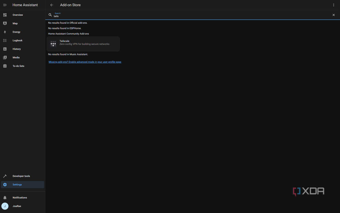 Screenshot of search results for Tailscale in the Home Assistant add-on store