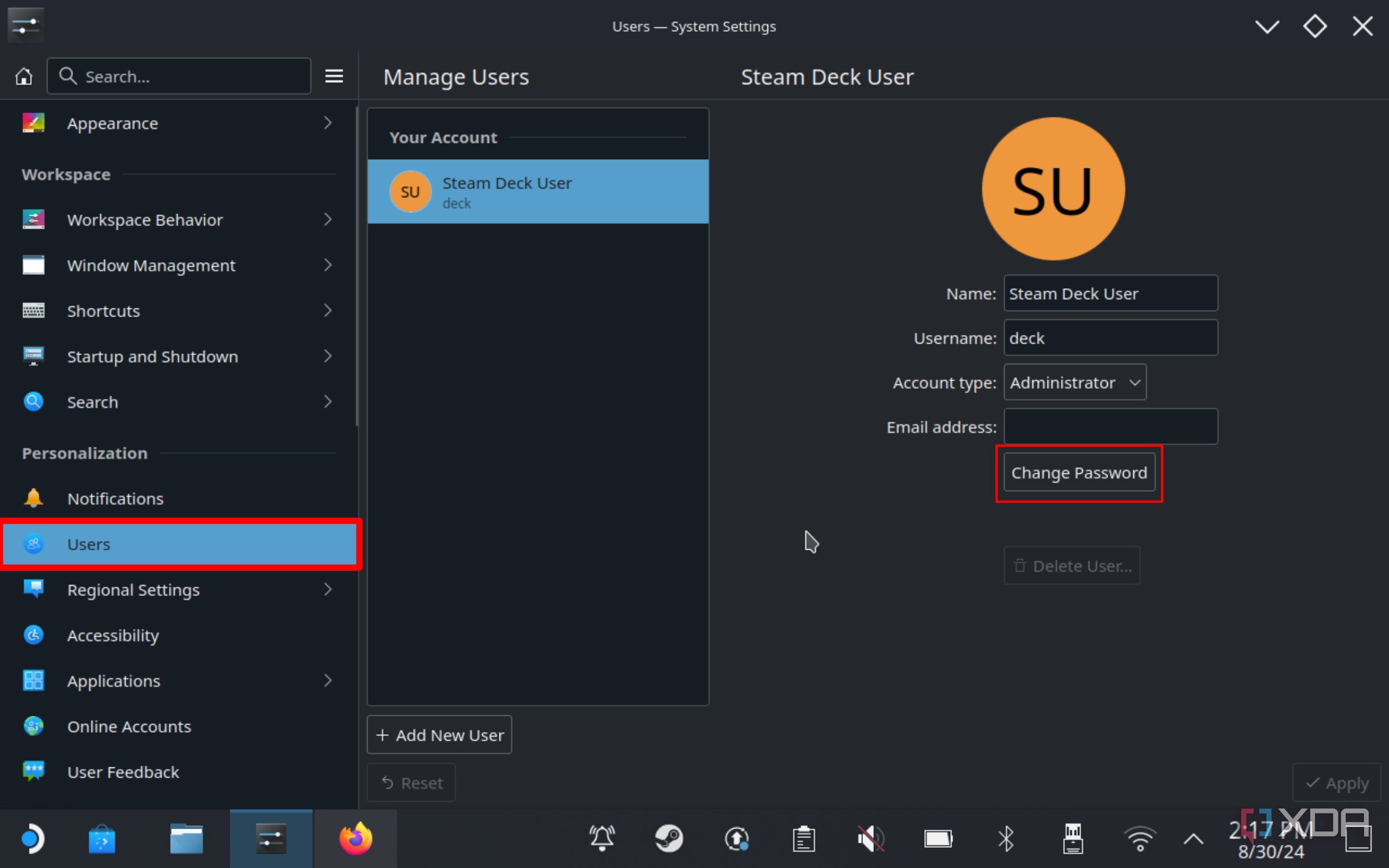 screenshot of steam deck system settings showing the users tab open and the change password button highlighted