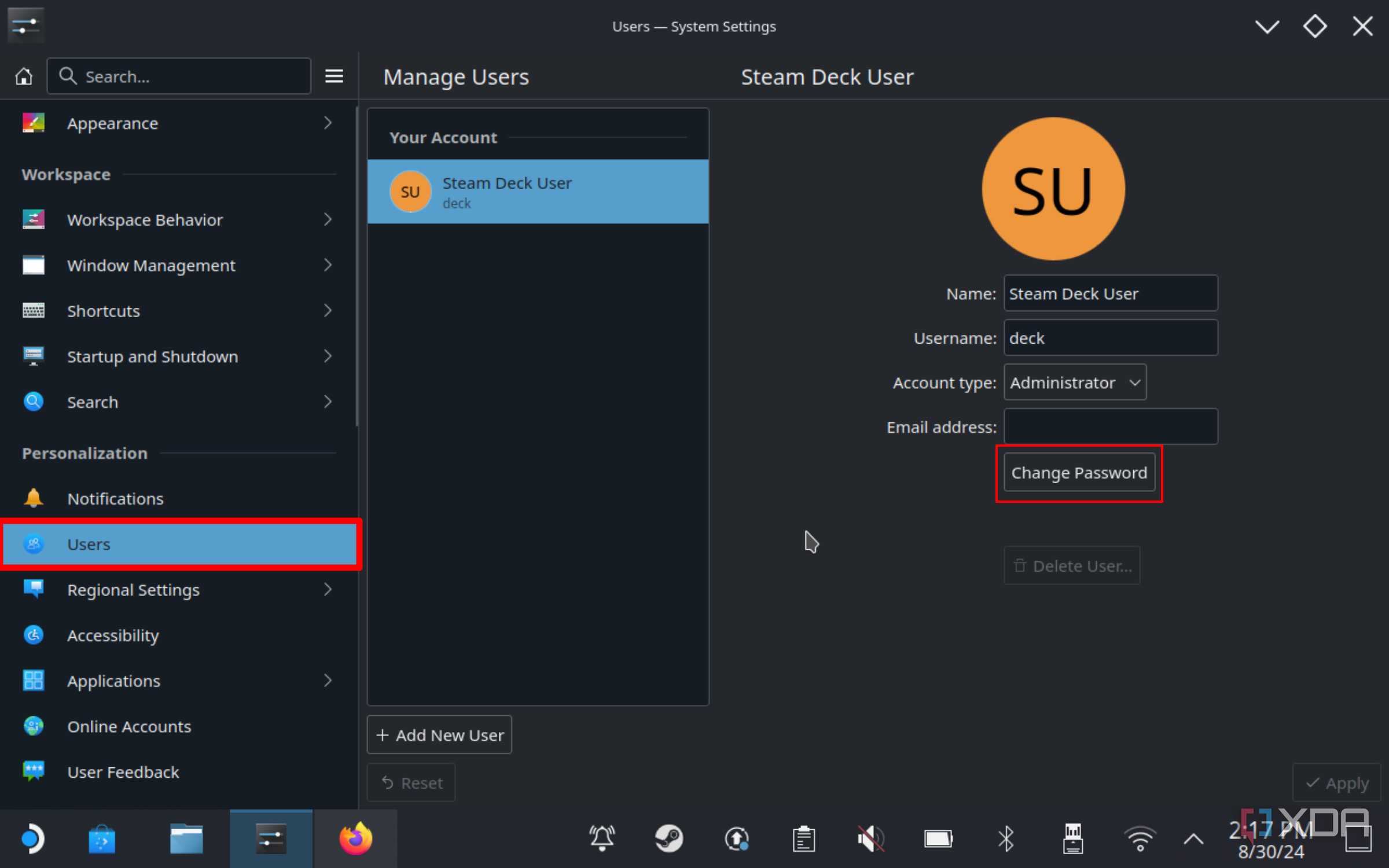screenshot of steam deck system settings showing the users tab open and the change password button highlighted