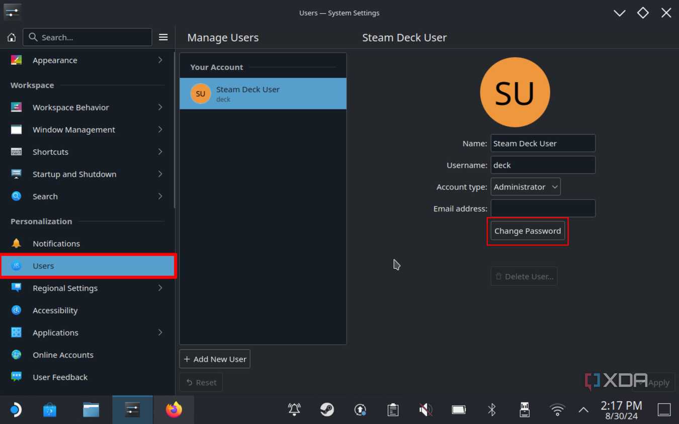 screenshot of steam deck system settings showing the users tab open and the change password button highlighted