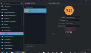 screenshot of steam deck system settings showing the users tab open and the change password button highlighted