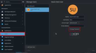 screenshot of steam deck system settings showing the users tab open and the change password button highlighted
